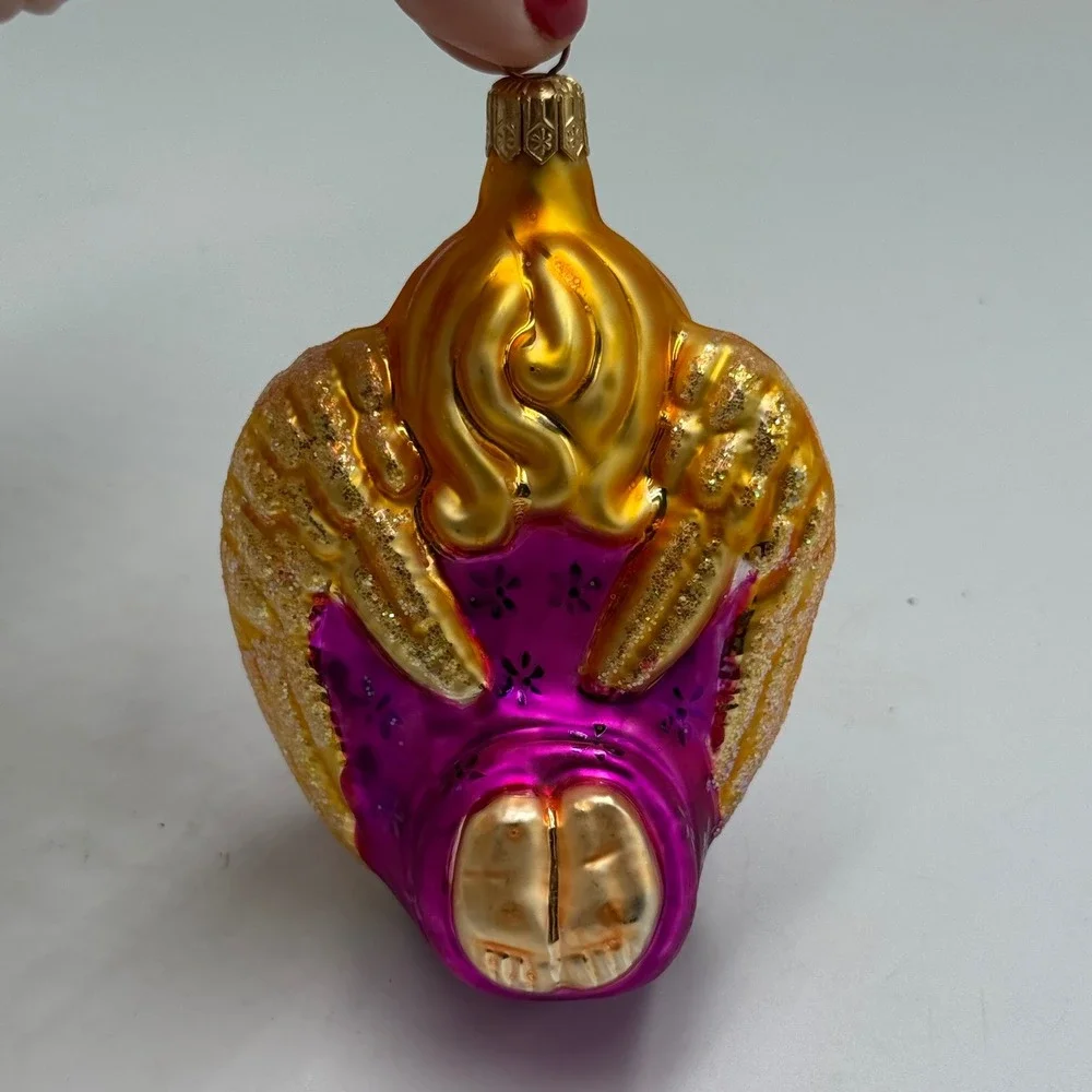 Vintage Glass‎ Angel Christmas Ornament Trumpet Purple Gold West Germany